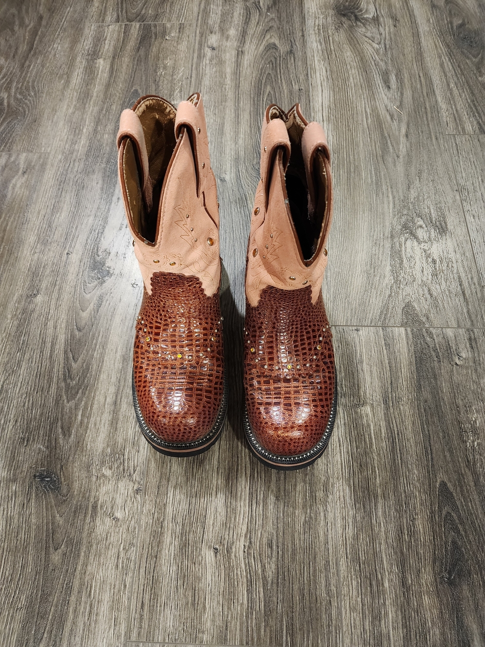 Western Croc-Embossed Ariat Fat Baby Brown & Blush Leather Boots